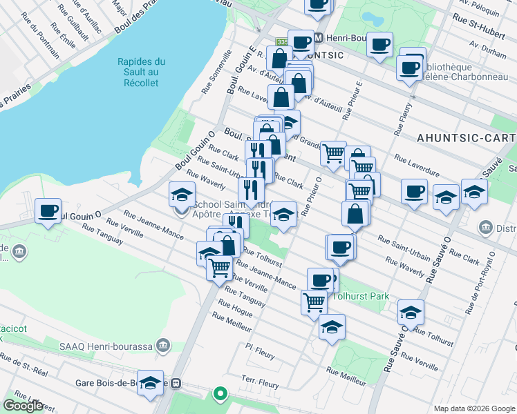 map of restaurants, bars, coffee shops, grocery stores, and more near 10672 Rue Waverly in Montréal