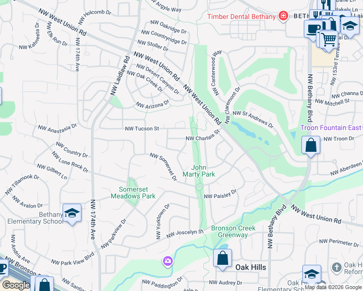 map of restaurants, bars, coffee shops, grocery stores, and more near 3843 Northwest 166th Drive in Beaverton