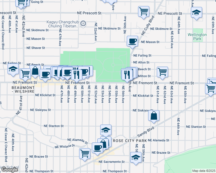 map of restaurants, bars, coffee shops, grocery stores, and more near 3334 Northeast 53rd Avenue in Portland