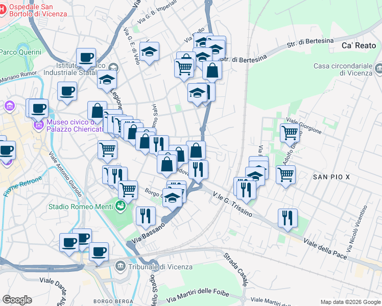 map of restaurants, bars, coffee shops, grocery stores, and more near 14 Via Fratelli Albanese in Vicenza