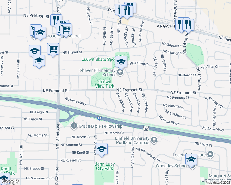 map of restaurants, bars, coffee shops, grocery stores, and more near 3414 Northeast 130th Avenue in Portland