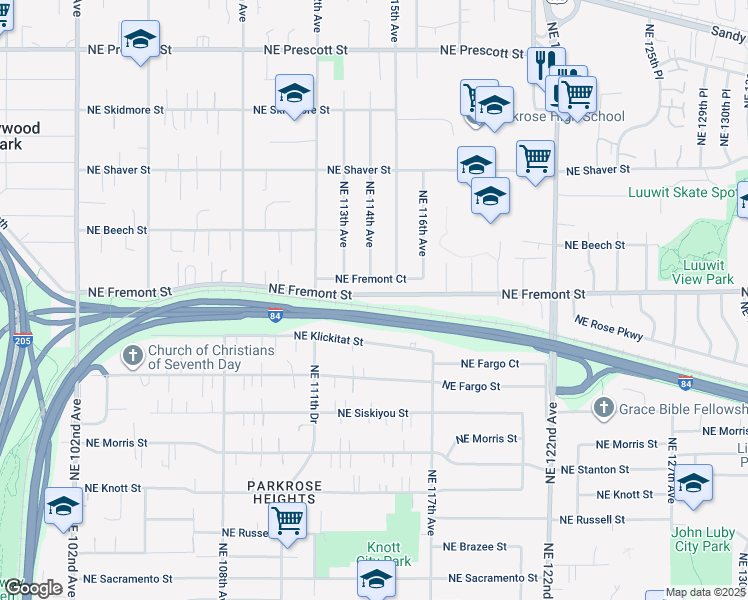 map of restaurants, bars, coffee shops, grocery stores, and more near 11432 Northeast Fremont Street in Portland