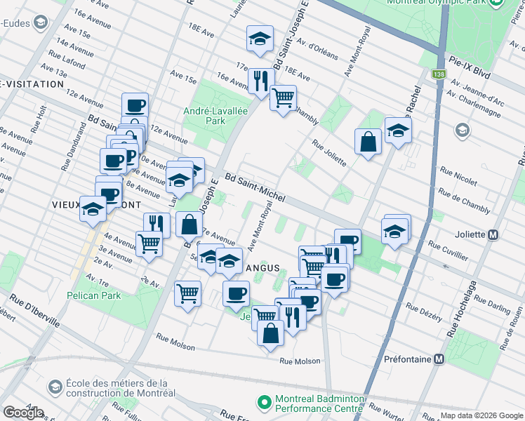 map of restaurants, bars, coffee shops, grocery stores, and more near 3235 Avenue du Mont-Royal Est in Montréal