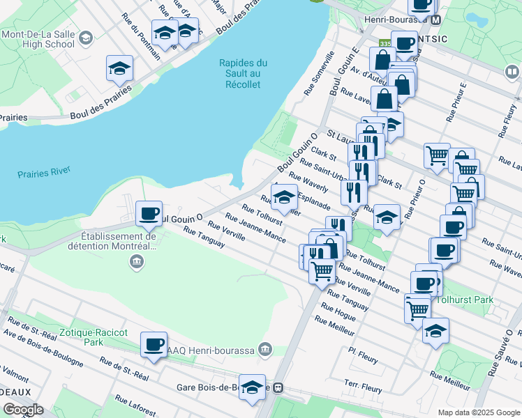 map of restaurants, bars, coffee shops, grocery stores, and more near 11311 Rue Tolhurst in Montréal