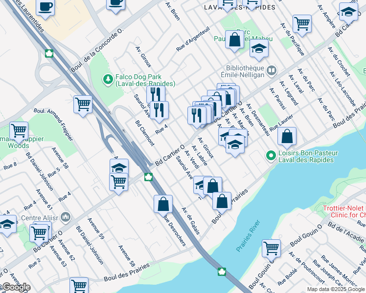 map of restaurants, bars, coffee shops, grocery stores, and more near Avenue Verdi in Laval