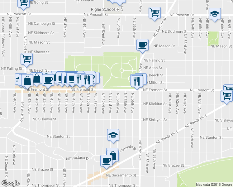 map of restaurants, bars, coffee shops, grocery stores, and more near 3334 Northeast 53rd Avenue in Portland