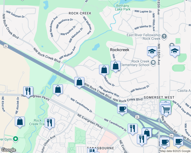 map of restaurants, bars, coffee shops, grocery stores, and more near 19562 Northwest Mahama Place in Portland