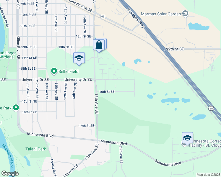 map of restaurants, bars, coffee shops, grocery stores, and more near 1614 16th Street Southeast in St. Cloud