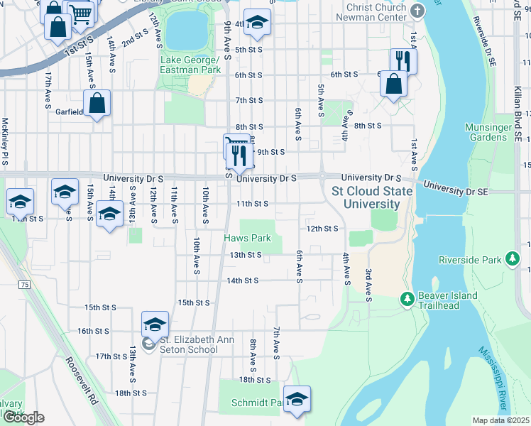 map of restaurants, bars, coffee shops, grocery stores, and more near 1111 7th Avenue South in St. Cloud