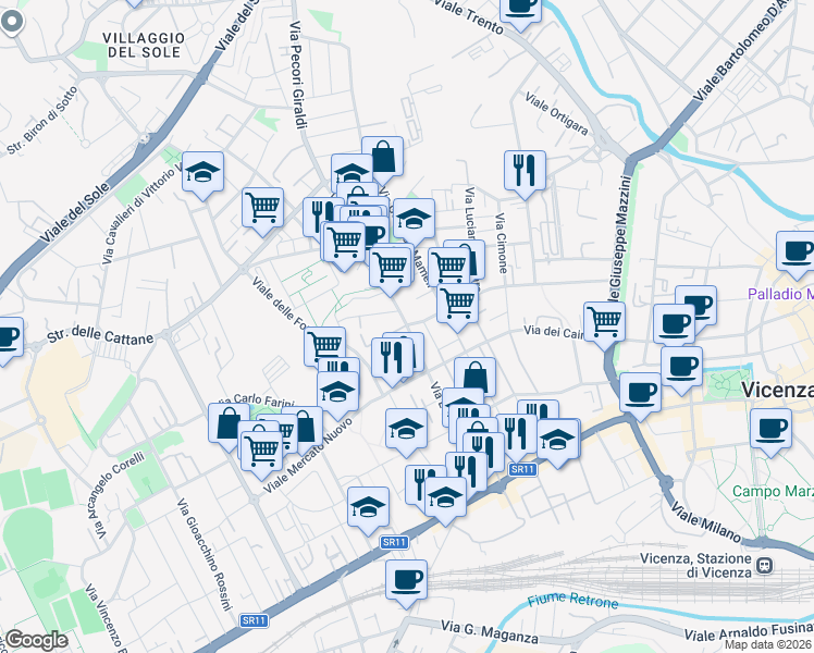 map of restaurants, bars, coffee shops, grocery stores, and more near 110 Via Legione Antonini in Vicenza