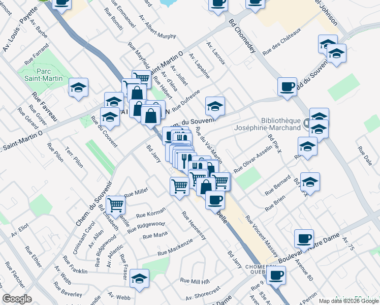 map of restaurants, bars, coffee shops, grocery stores, and more near 1350 Rue Antonio in Laval