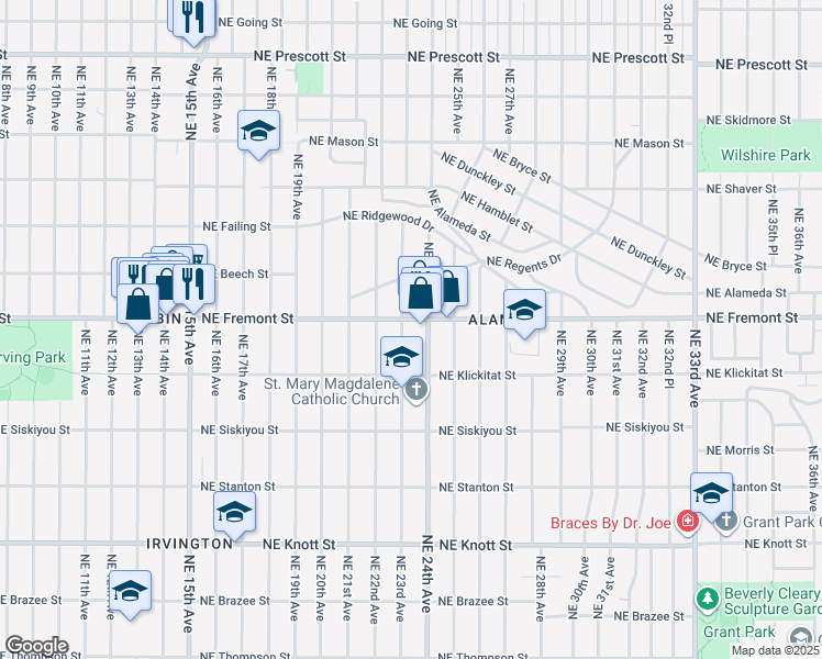 map of restaurants, bars, coffee shops, grocery stores, and more near 3434 Northeast 23rd Avenue in Portland