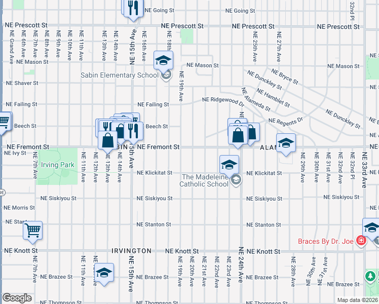 map of restaurants, bars, coffee shops, grocery stores, and more near 3404 Northeast 19th Avenue in Portland