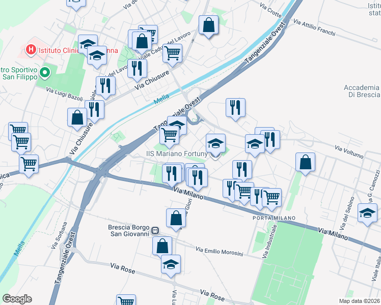 map of restaurants, bars, coffee shops, grocery stores, and more near 7 Via Franzinetti Guglielmo in Brescia