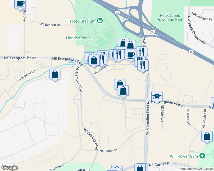 map of restaurants, bars, coffee shops, grocery stores, and more near 7175 Northwest Evergreen Parkway in Hillsboro