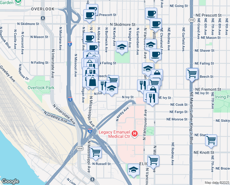 map of restaurants, bars, coffee shops, grocery stores, and more near 620 North Fremont Street in Portland