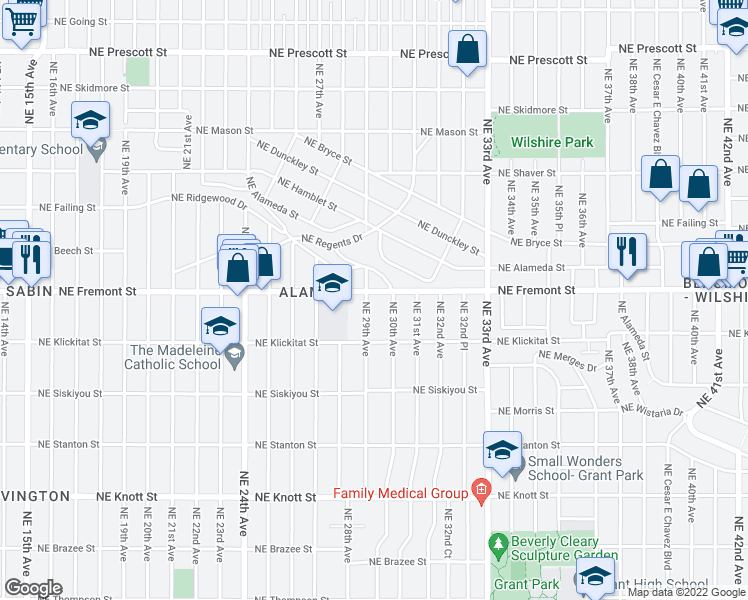 map of restaurants, bars, coffee shops, grocery stores, and more near 3434 Northeast 29th Avenue in Portland