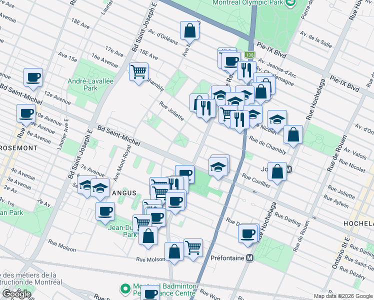 map of restaurants, bars, coffee shops, grocery stores, and more near 3440 Place Joseph-N. Drapeau in Montréal
