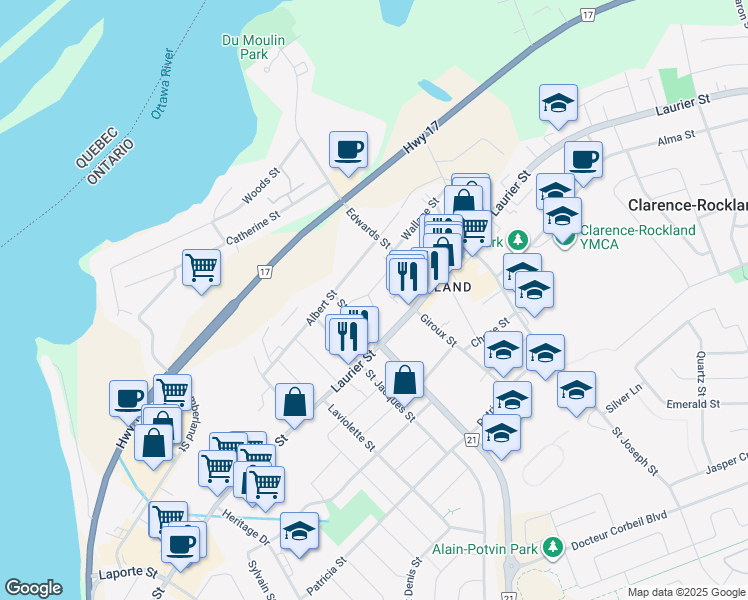 map of restaurants, bars, coffee shops, grocery stores, and more near 2095 Victoria Street in Clarence-Rockland