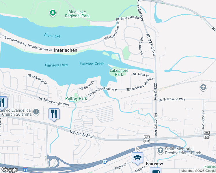 map of restaurants, bars, coffee shops, grocery stores, and more near 21600 Northeast Fairview Lake Way in Fairview