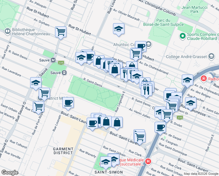 map of restaurants, bars, coffee shops, grocery stores, and more near 9245 Rue Saint-Denis in Montréal