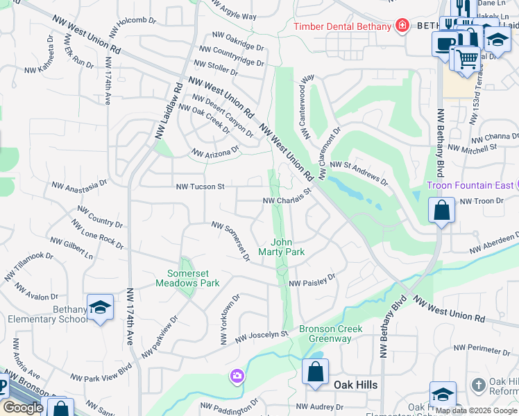 map of restaurants, bars, coffee shops, grocery stores, and more near 3843 Northwest 166th Drive in Beaverton