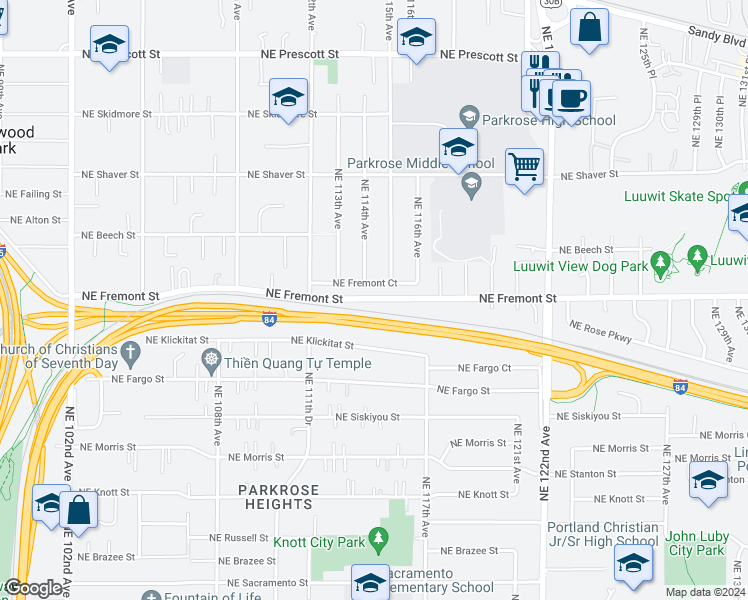 map of restaurants, bars, coffee shops, grocery stores, and more near 11432 Northeast Fremont Street in Portland