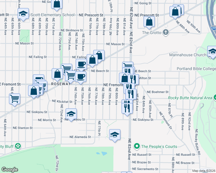 map of restaurants, bars, coffee shops, grocery stores, and more near 3414 Northeast 79th Avenue in Portland