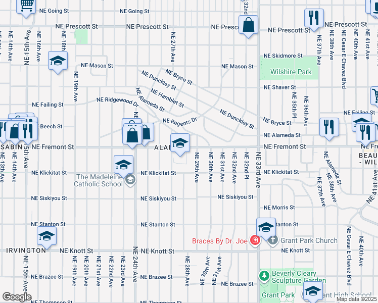 map of restaurants, bars, coffee shops, grocery stores, and more near 2732 Northeast Fremont Street in Portland