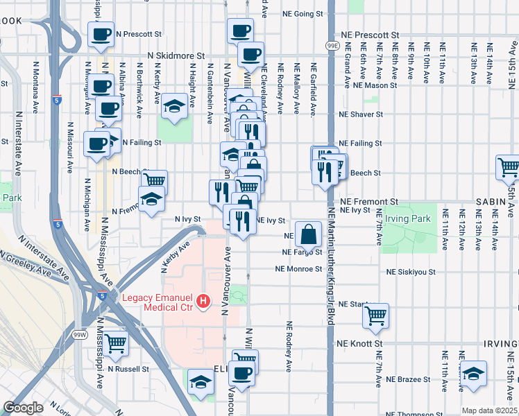map of restaurants, bars, coffee shops, grocery stores, and more near 43 Northeast Ivy Street in Portland