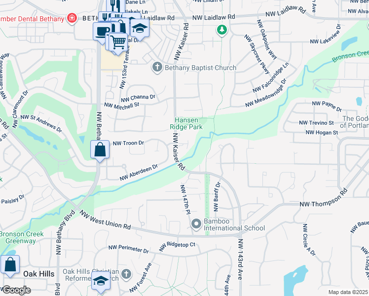 map of restaurants, bars, coffee shops, grocery stores, and more near 3850 Northwest Kaiser Road in Portland