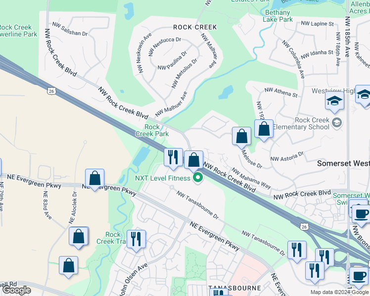 map of restaurants, bars, coffee shops, grocery stores, and more near 19840 Northwest Rock Creek Boulevard in Portland