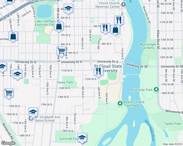 map of restaurants, bars, coffee shops, grocery stores, and more near 523 12th Street South in St. Cloud