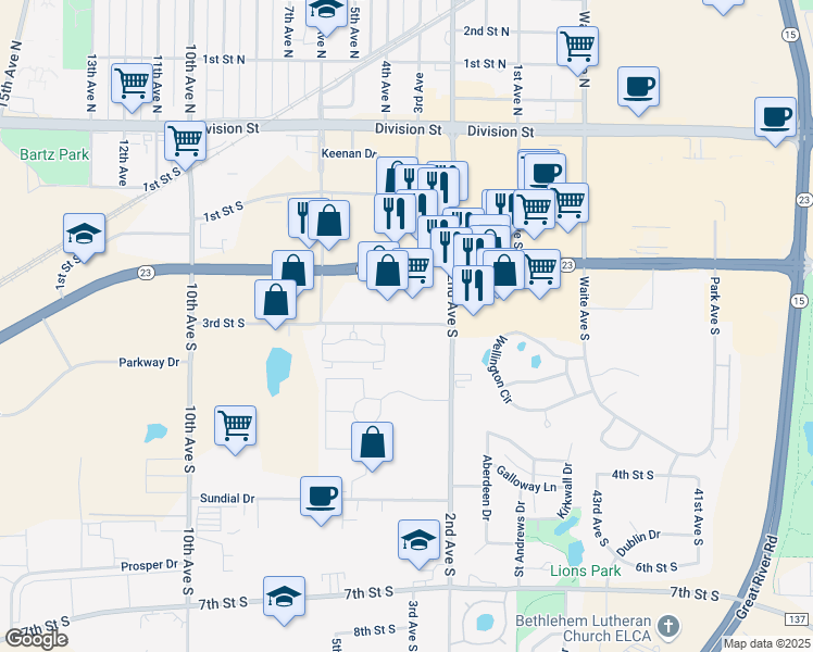 map of restaurants, bars, coffee shops, grocery stores, and more near 246 3rd Street South in Waite Park
