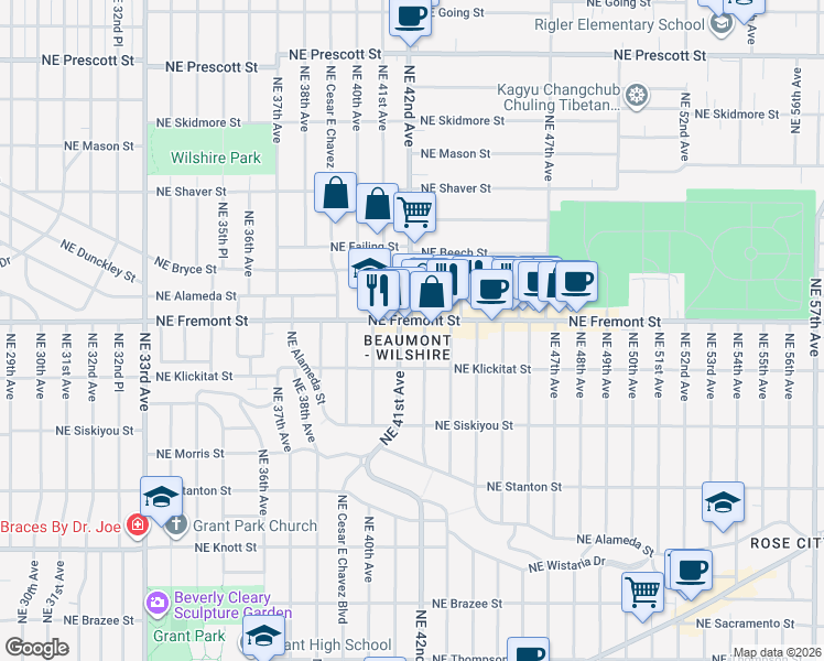 map of restaurants, bars, coffee shops, grocery stores, and more near 3334 Northeast 41st Avenue in Portland