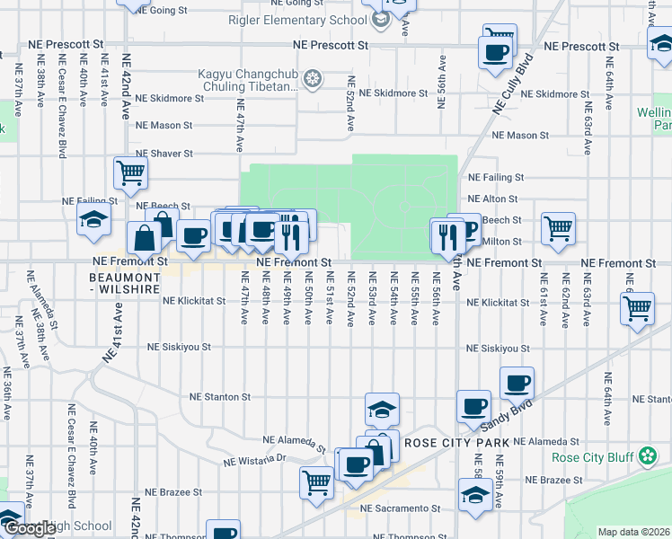 map of restaurants, bars, coffee shops, grocery stores, and more near 3432 Northeast 51st Avenue in Portland