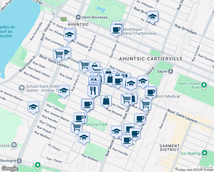 map of restaurants, bars, coffee shops, grocery stores, and more near 10222 Boulevard Saint-Laurent in Montréal