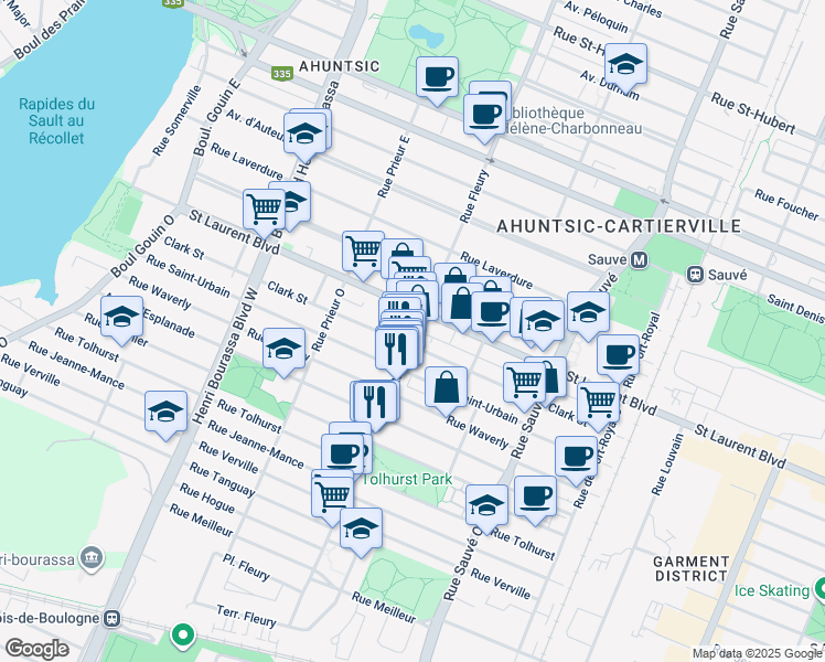 map of restaurants, bars, coffee shops, grocery stores, and more near 35 Rue Fleury Ouest in Montréal