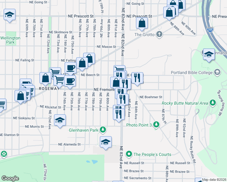 map of restaurants, bars, coffee shops, grocery stores, and more near 8024 Northeast Fremont Street in Portland