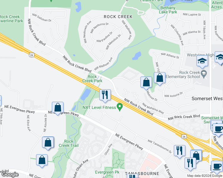 map of restaurants, bars, coffee shops, grocery stores, and more near 19876 Northwest Rock Creek Boulevard in Portland