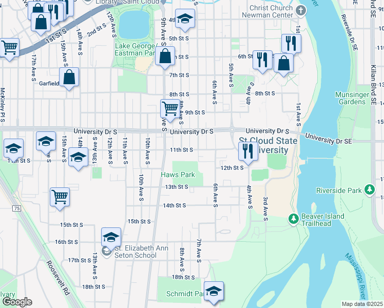map of restaurants, bars, coffee shops, grocery stores, and more near 1111 7th Avenue South in St. Cloud