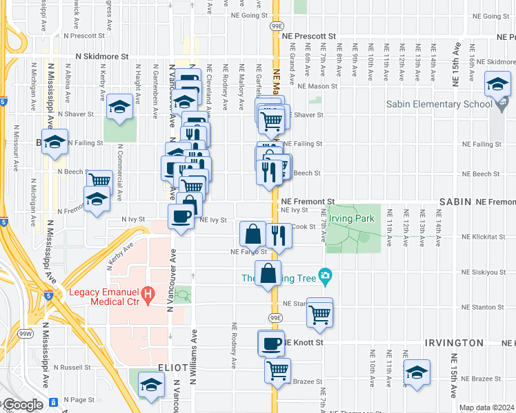 map of restaurants, bars, coffee shops, grocery stores, and more near 246 Northeast Fremont Street in Portland