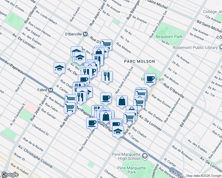 map of restaurants, bars, coffee shops, grocery stores, and more near 6748 Avenue des Érables in Montréal