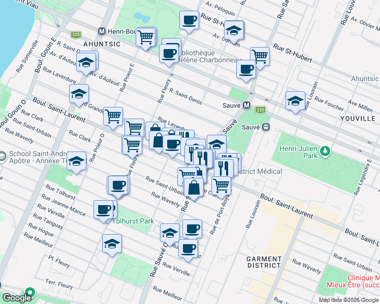 map of restaurants, bars, coffee shops, grocery stores, and more near 10002 Grande Allée in Montréal
