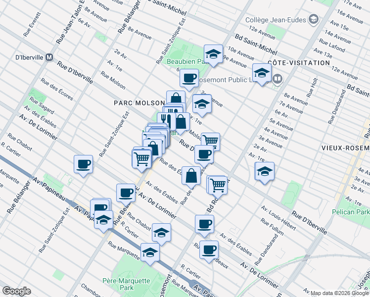 map of restaurants, bars, coffee shops, grocery stores, and more near 6346 Rue D'Iberville in Montréal