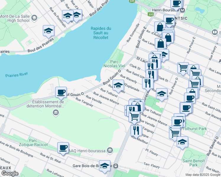map of restaurants, bars, coffee shops, grocery stores, and more near 11340 Rue Meunier in Montréal
