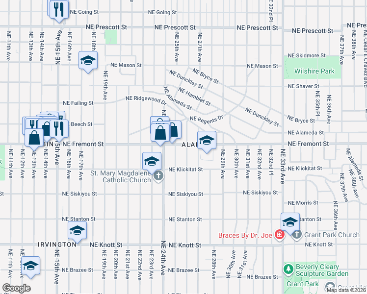 map of restaurants, bars, coffee shops, grocery stores, and more near 3404 Northeast 25th Avenue in Portland