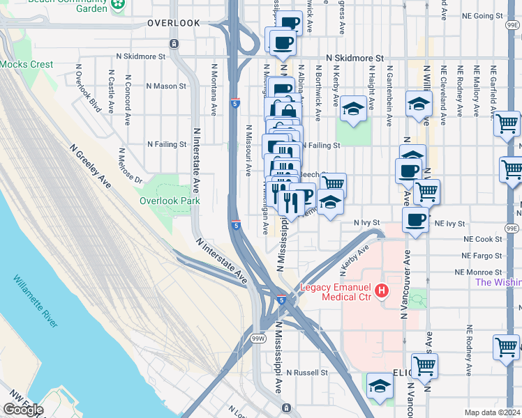 map of restaurants, bars, coffee shops, grocery stores, and more near 3509 North Michigan Avenue in Portland