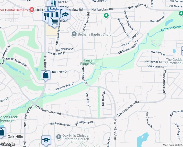 map of restaurants, bars, coffee shops, grocery stores, and more near 3850 Northwest Kaiser Road in Portland
