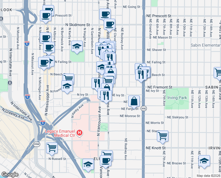 map of restaurants, bars, coffee shops, grocery stores, and more near 3355 North Williams Avenue in Portland